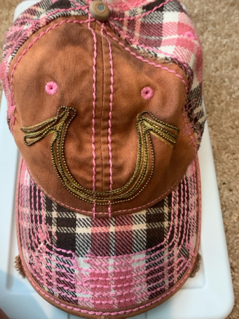 True Religion Pink and Brown Plaid Distressed Cap